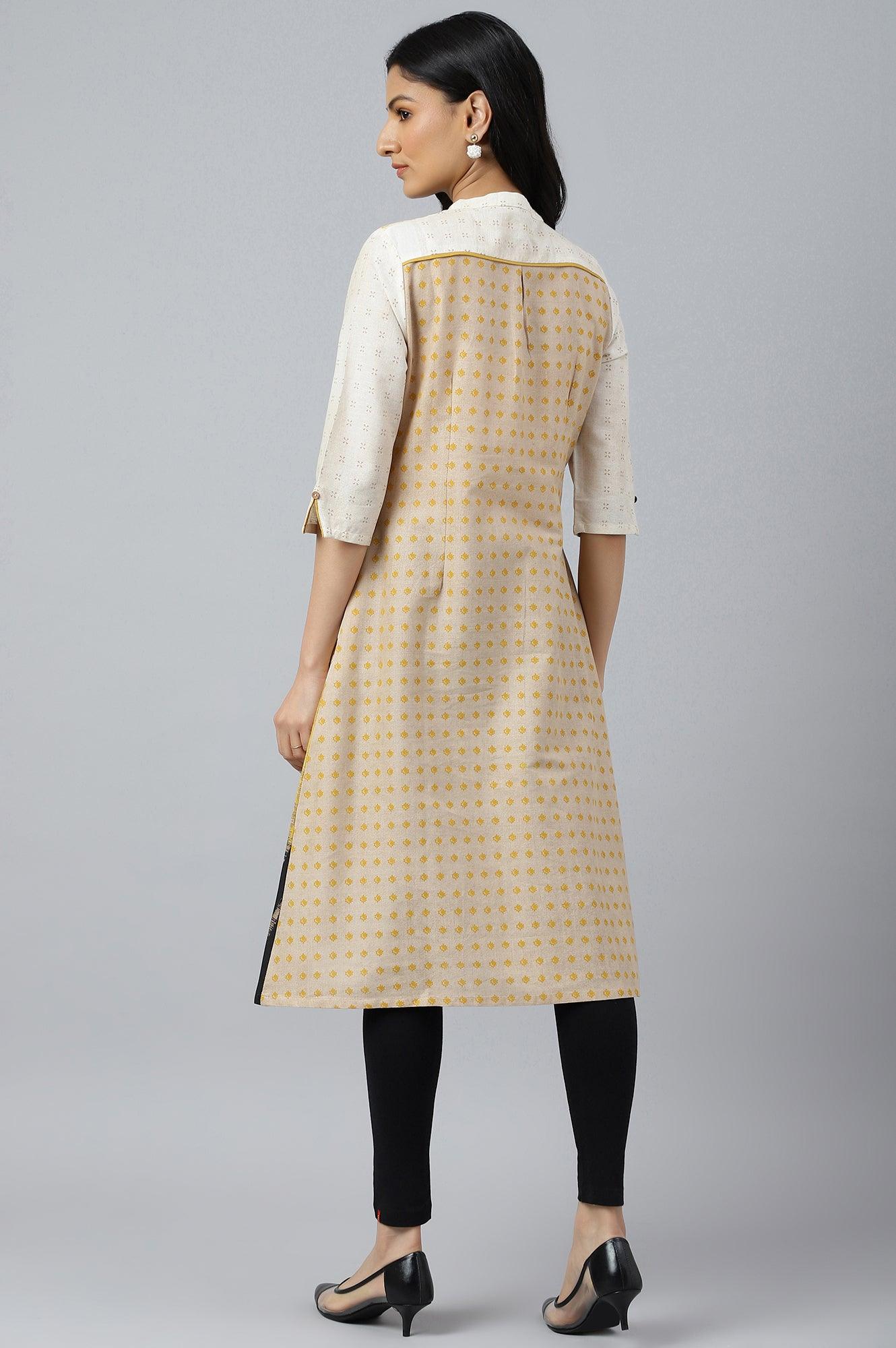 Ecru Geometric Print kurta In Mandarin Collar - wforwoman