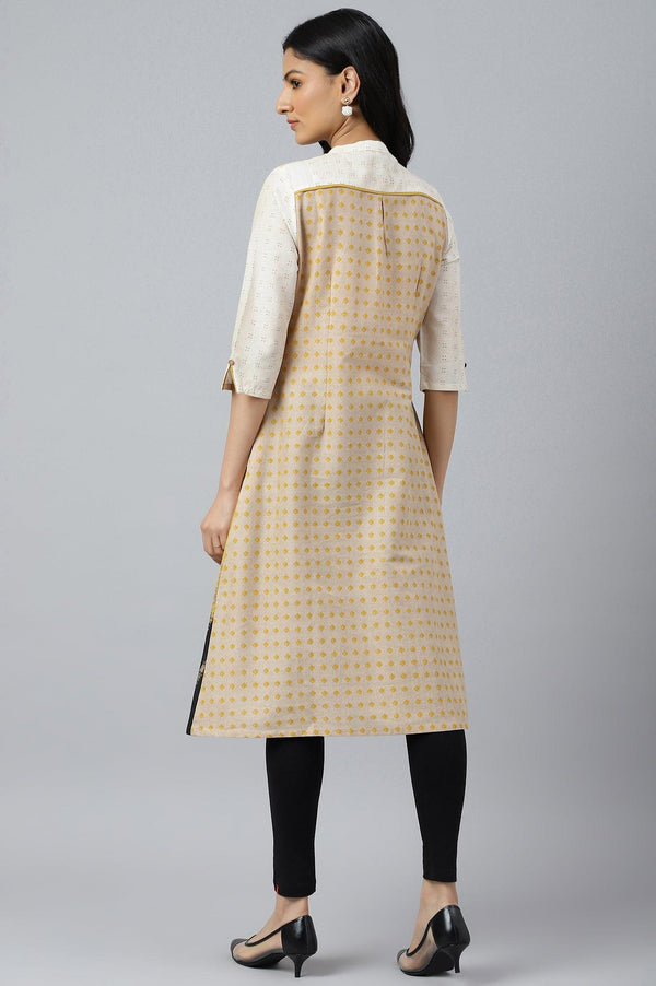 Ecru Geometric Print kurta In Mandarin Collar