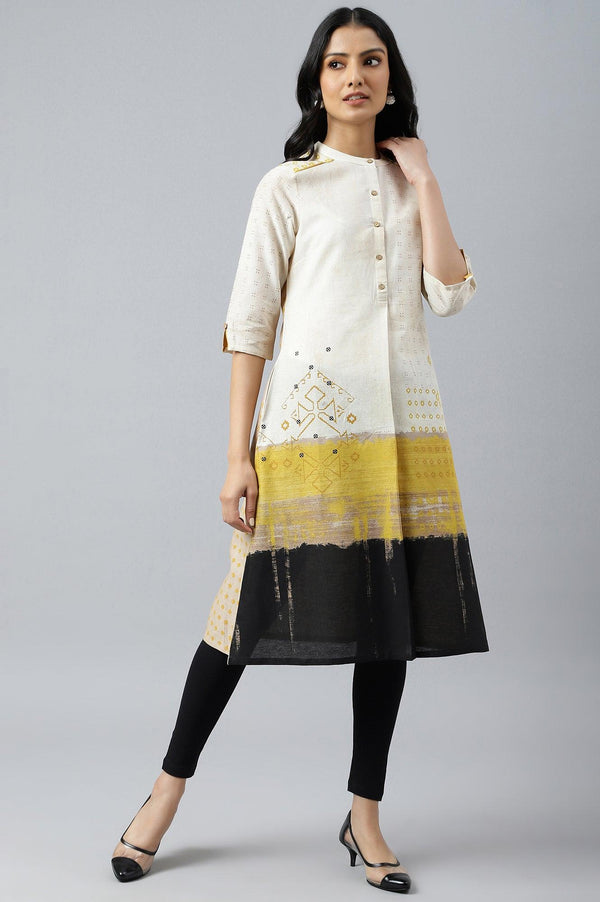 Ecru Geometric Print kurta In Mandarin Collar