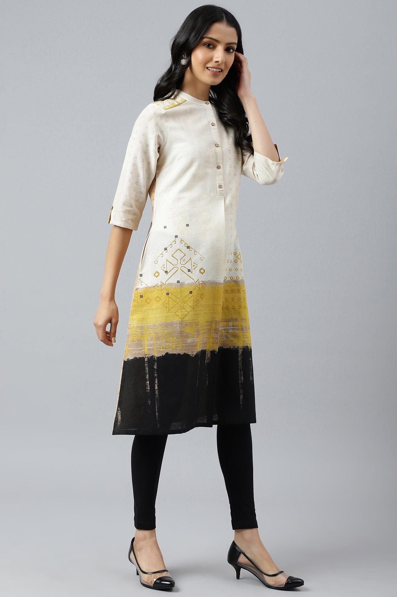 Ecru Geometric Print kurta In Mandarin Collar - wforwoman