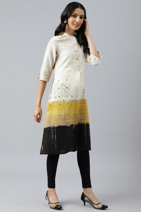 Ecru Geometric Print kurta In Mandarin Collar
