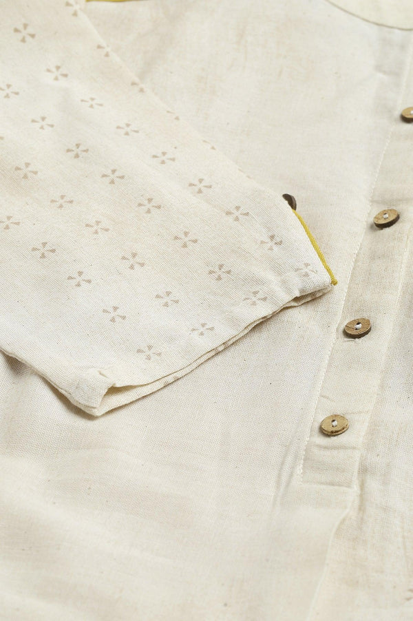 Ecru Geometric Print kurta In Mandarin Collar