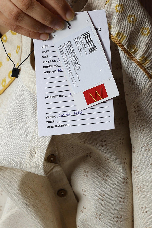 Ecru Geometric Print kurta In Mandarin Collar