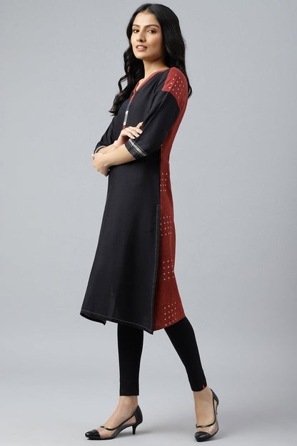 Black Solid kurta With Printed Placket - wforwoman