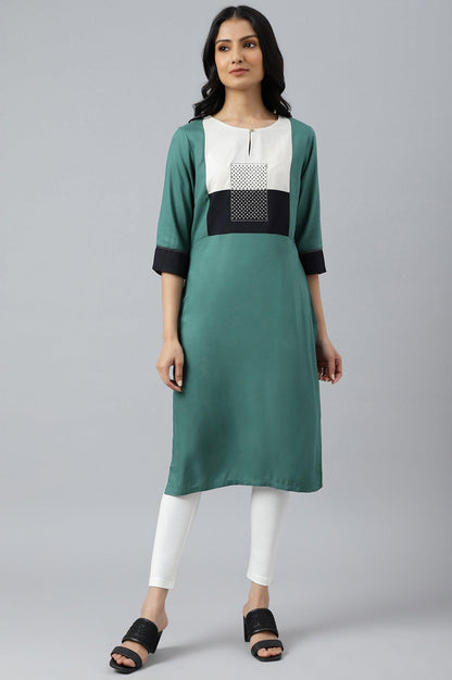 Green Solid kurta With Ecru And Black Yoke - wforwoman