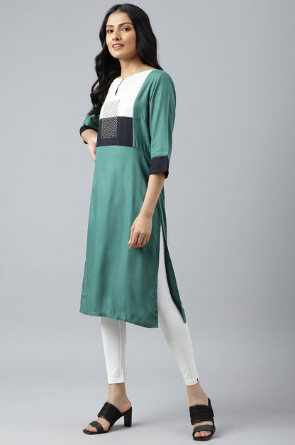 Green Solid kurta With Ecru And Black Yoke - wforwoman