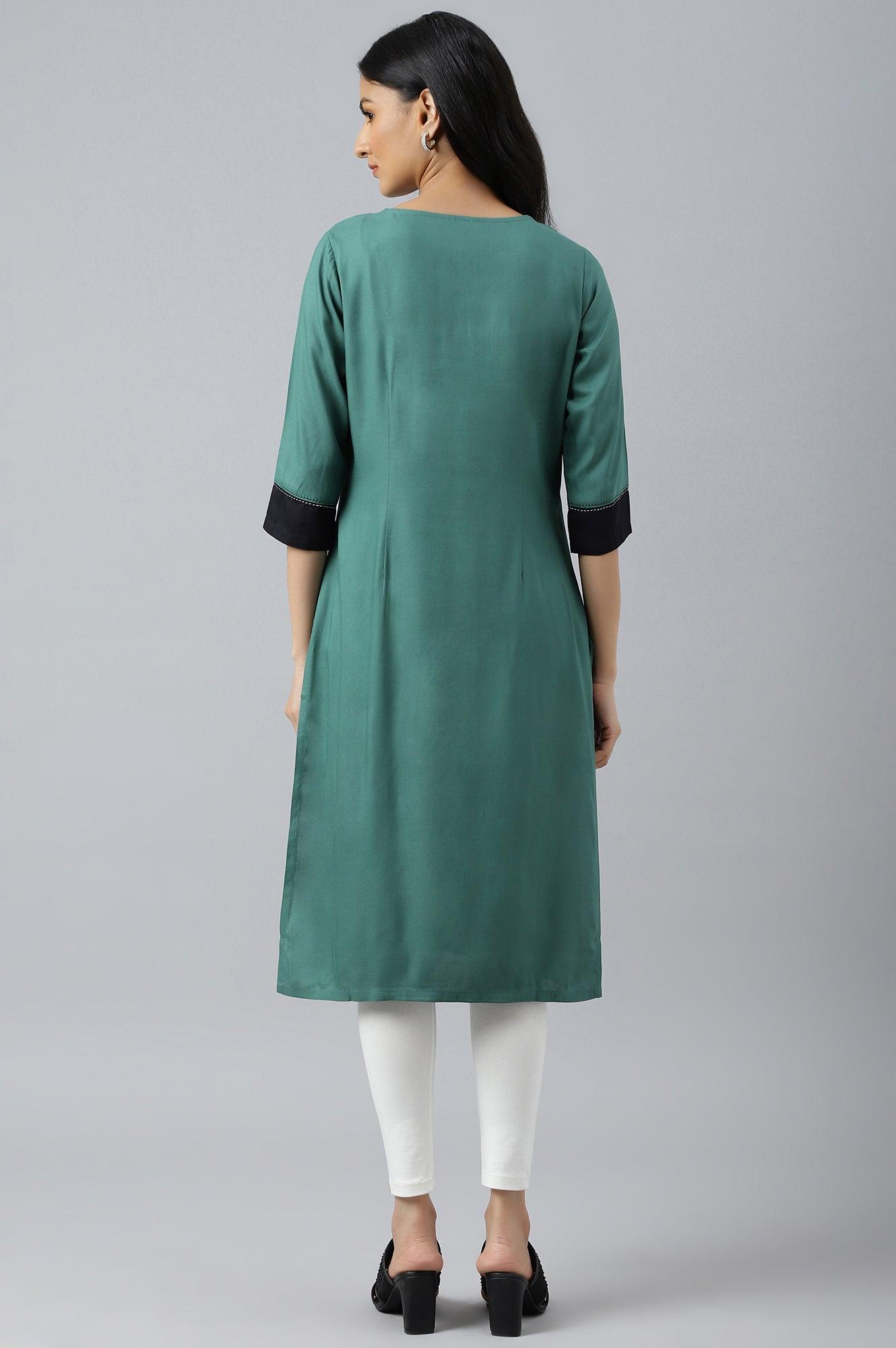 Green Solid kurta With Ecru And Black Yoke - wforwoman