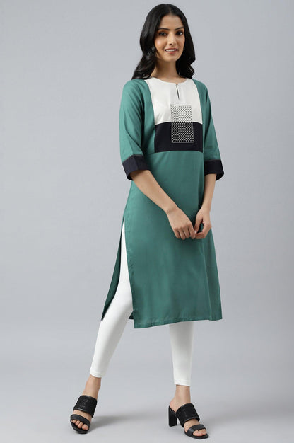 Green Solid kurta With Ecru And Black Yoke - wforwoman