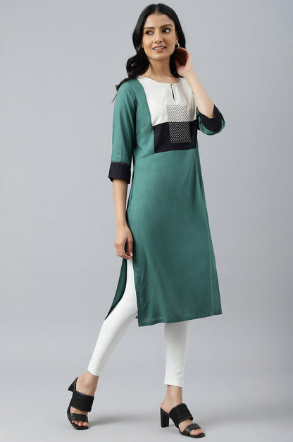 Green Solid kurta With Ecru And Black Yoke - wforwoman