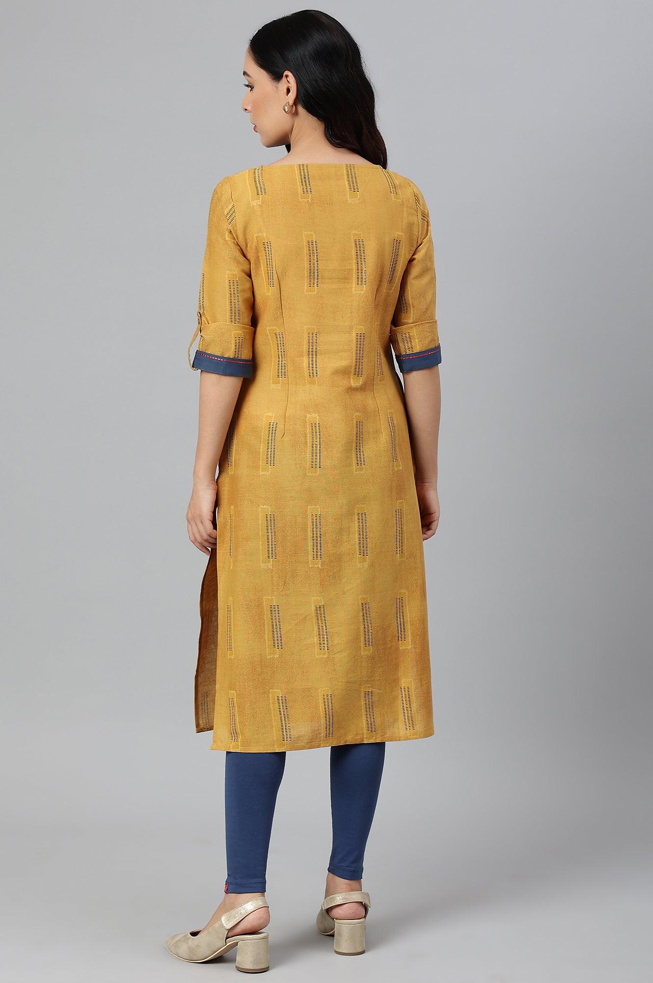Mustard Kantha Printed Contemporary kurta - wforwoman
