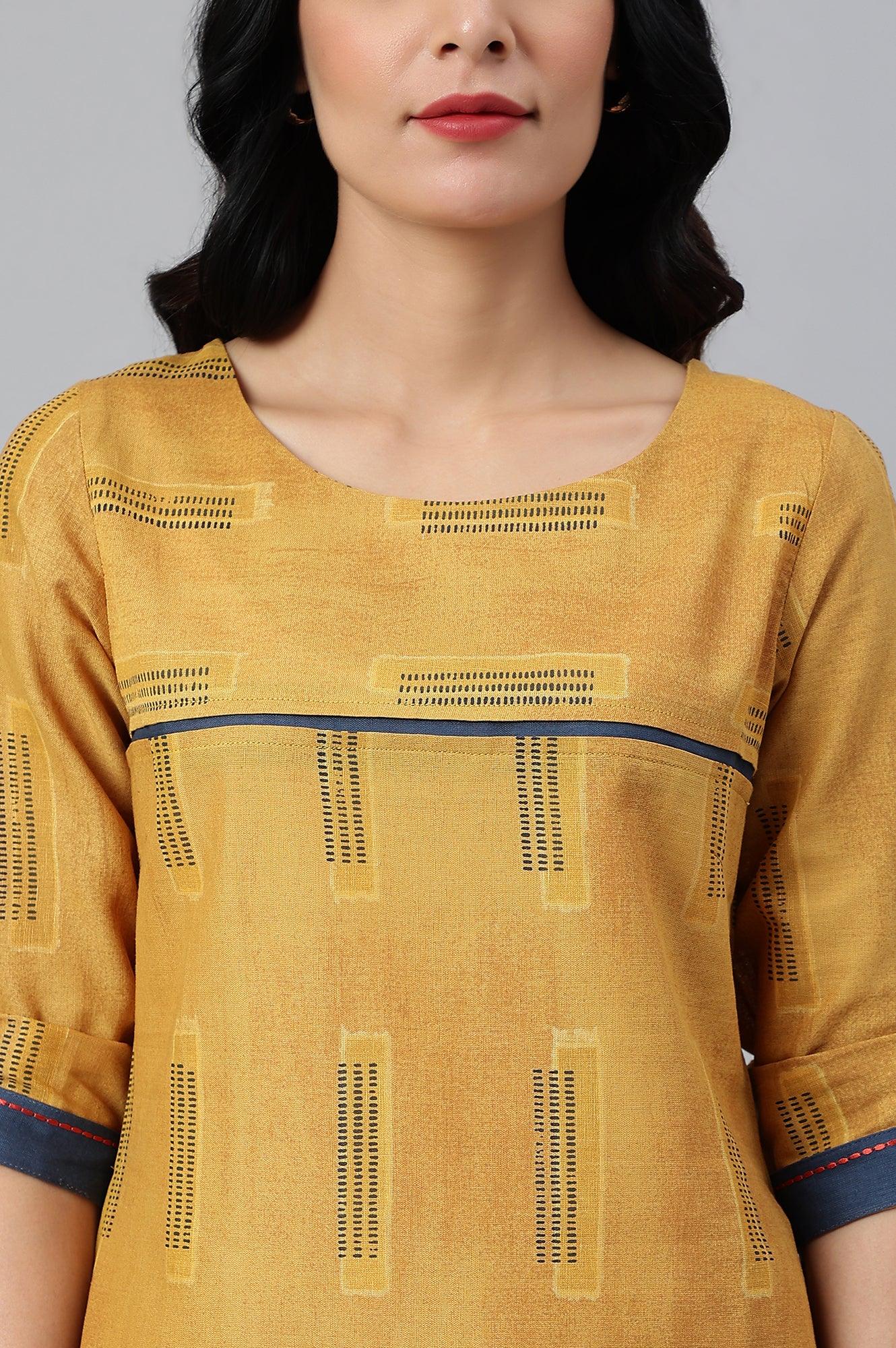 Mustard Kantha Printed Contemporary kurta - wforwoman