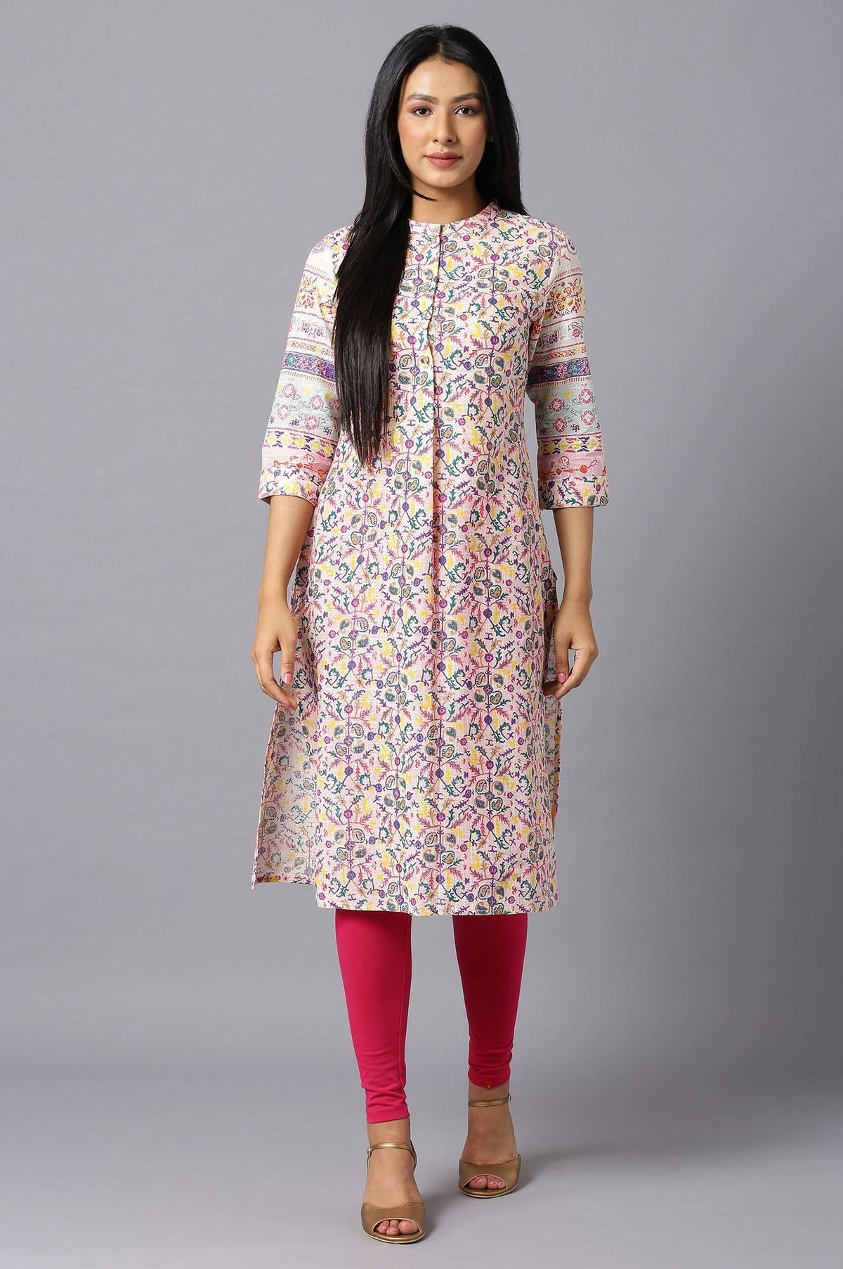 Ecru A-Line kurta With Multi-Coloured Floral Print - XS