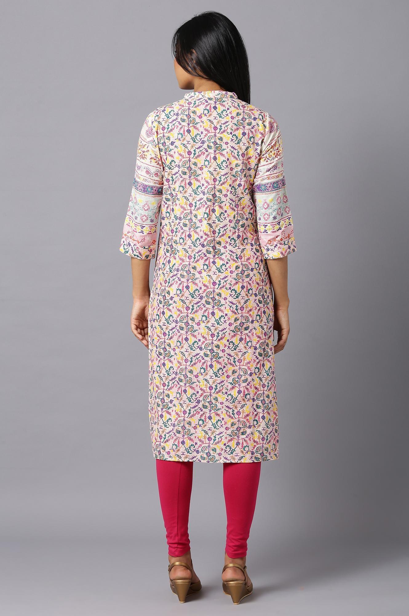 Ecru A-Line kurta With Multi-Coloured Floral Print - wforwoman