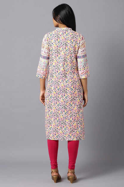 Ecru A-Line kurta With Multi-Coloured Floral Print - wforwoman