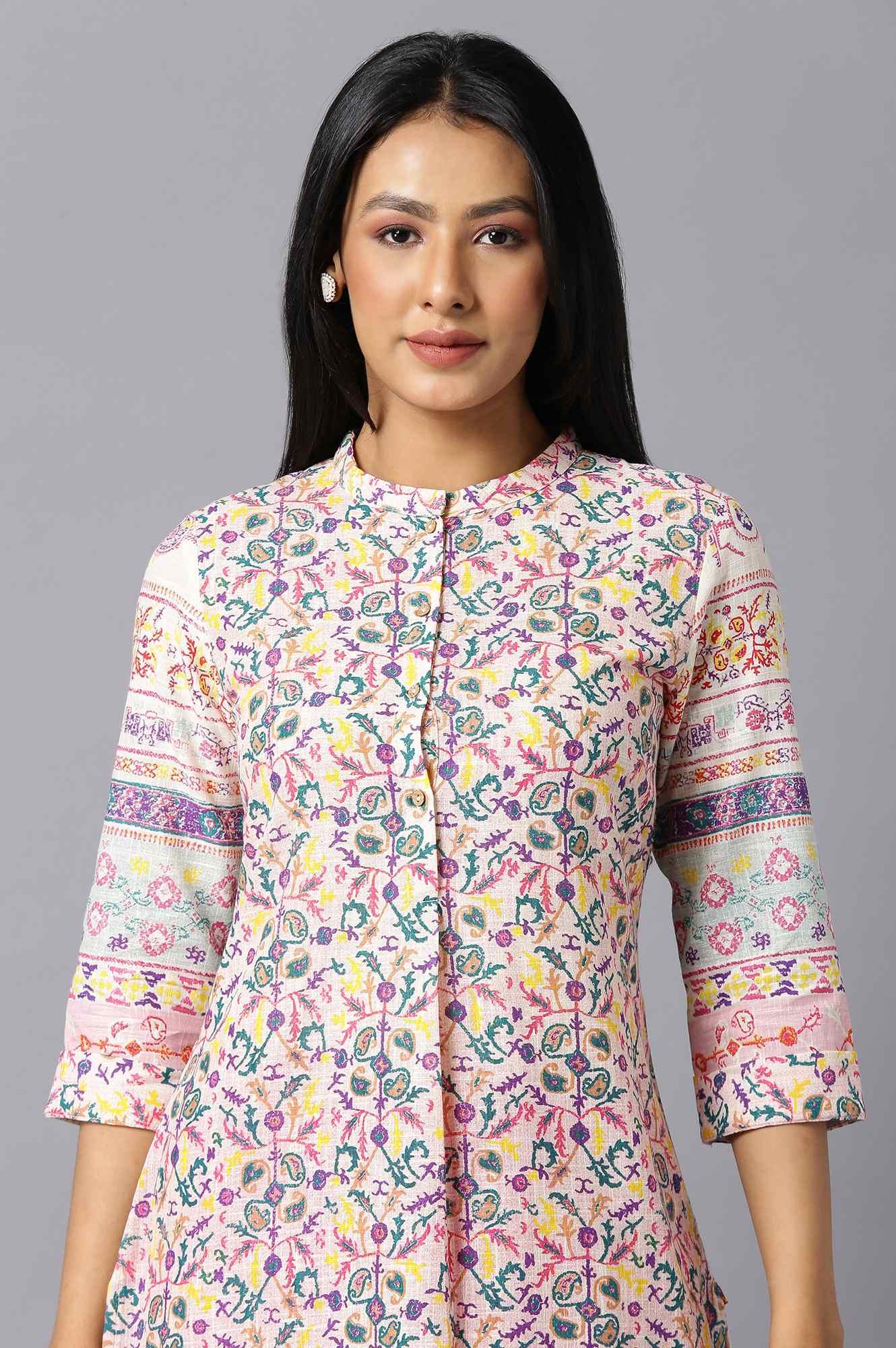 Ecru A-Line kurta With Multi-Coloured Floral Print - wforwoman