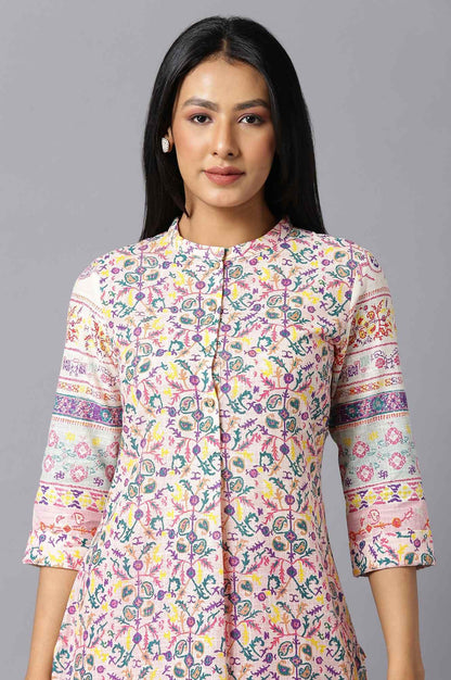 Ecru A-Line kurta With Multi-Coloured Floral Print - wforwoman