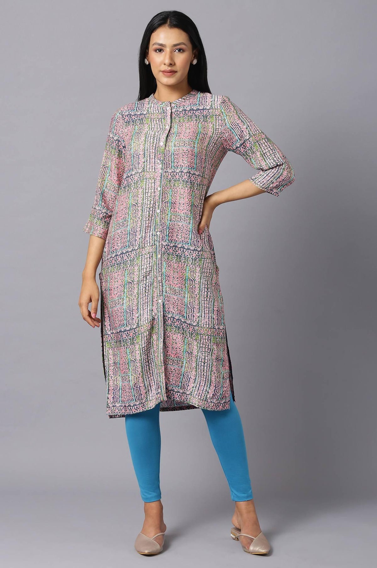 Lavender A-Line kurta With Multi-Coloured Floral Print - XS