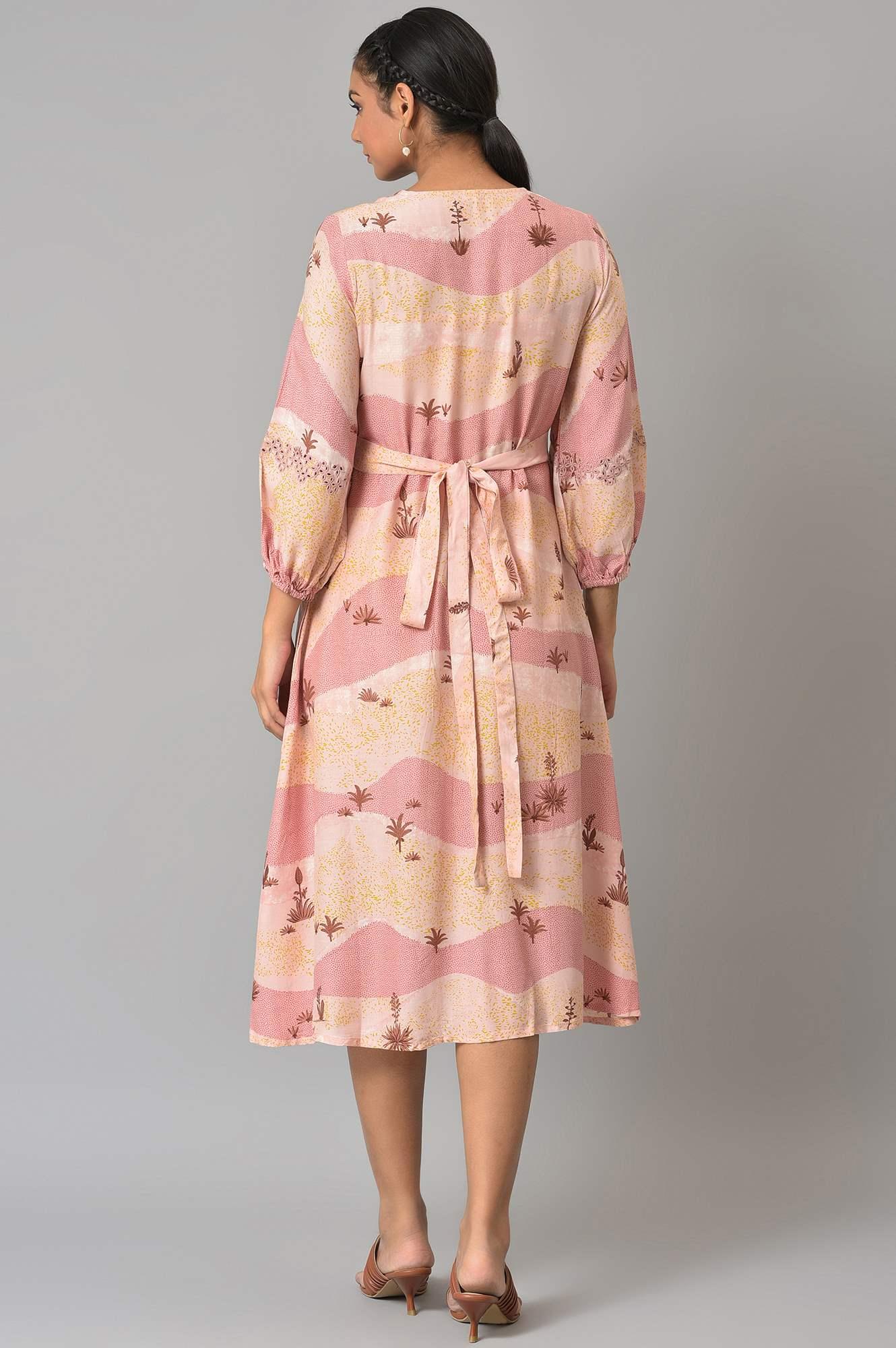 Coral Printed Flared Western Dress - wforwoman