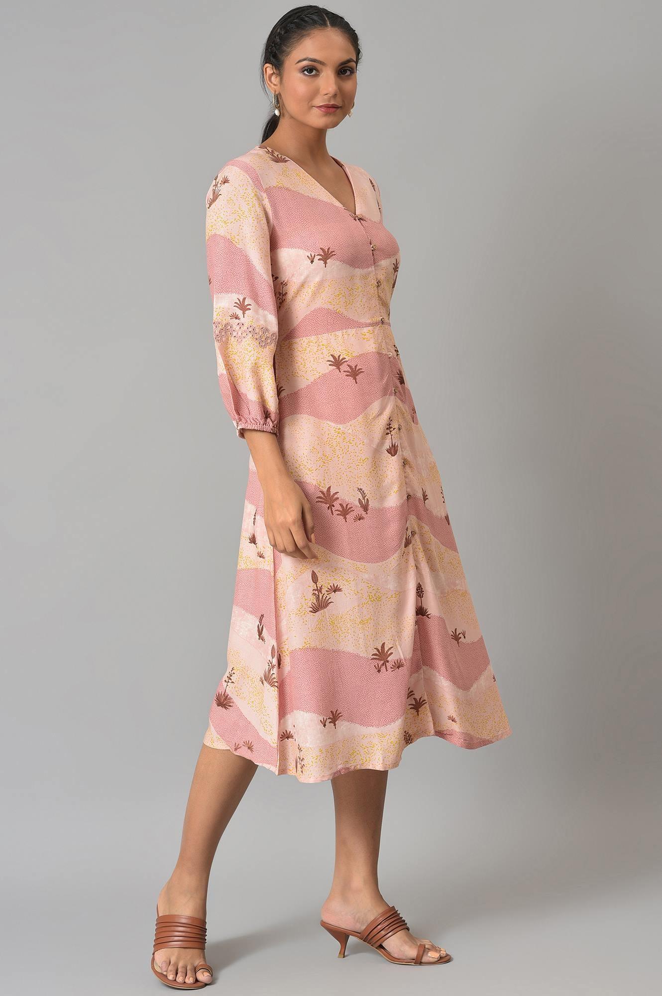 Coral Printed Flared Western Dress - wforwoman