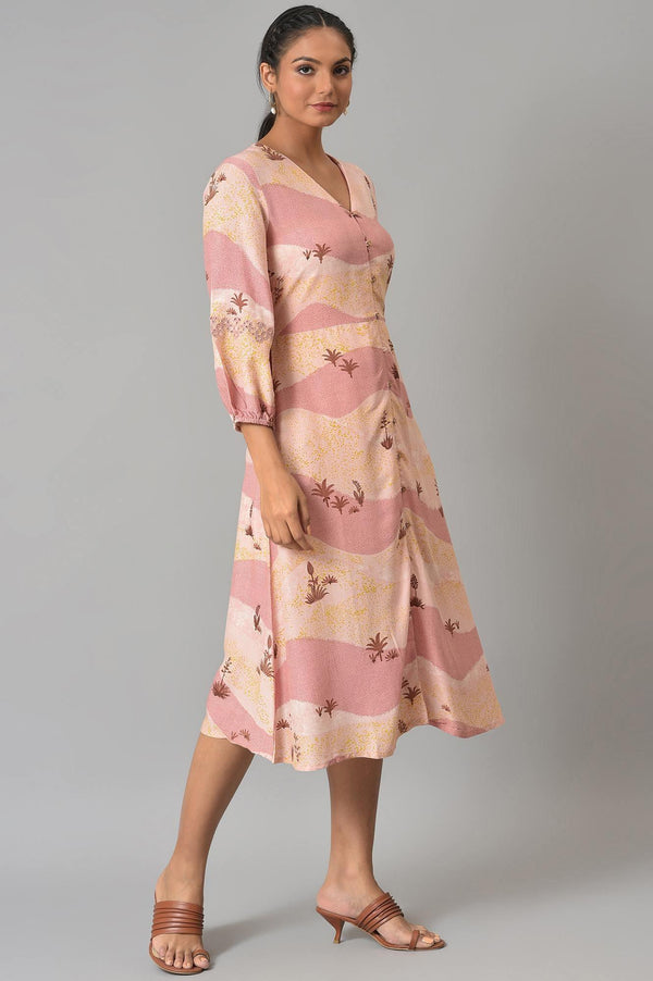 Coral Printed Flared Western Dress