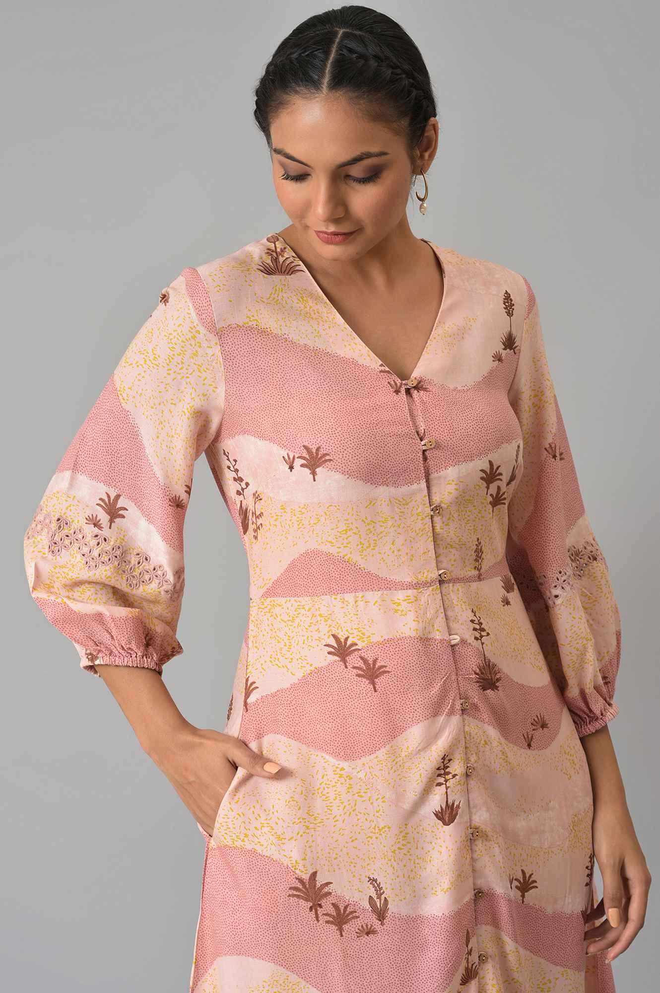 Coral Printed Flared Western Dress - wforwoman