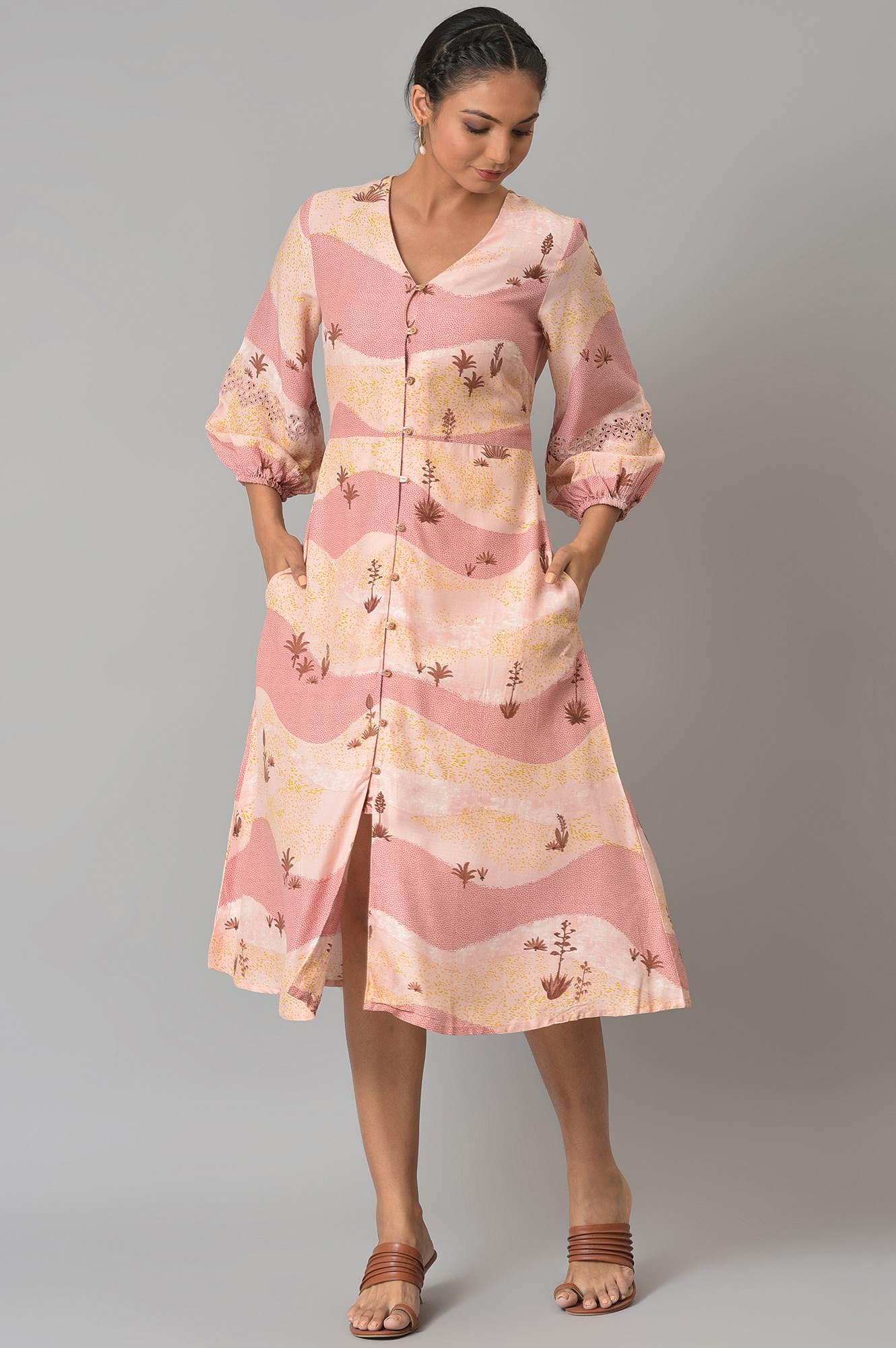 Coral Printed Flared Western Dress - wforwoman