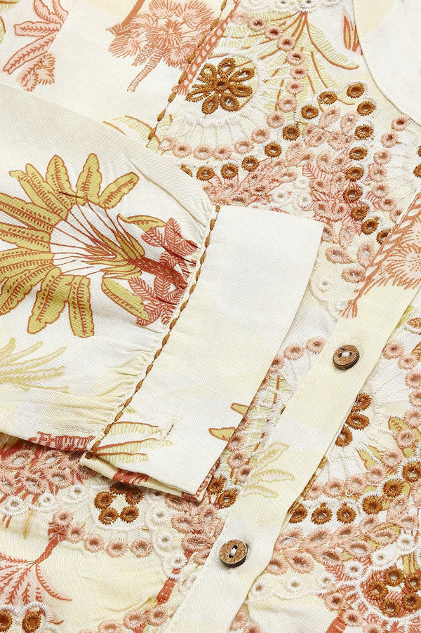 Ecru Embroidered A-Line Shirt Dress