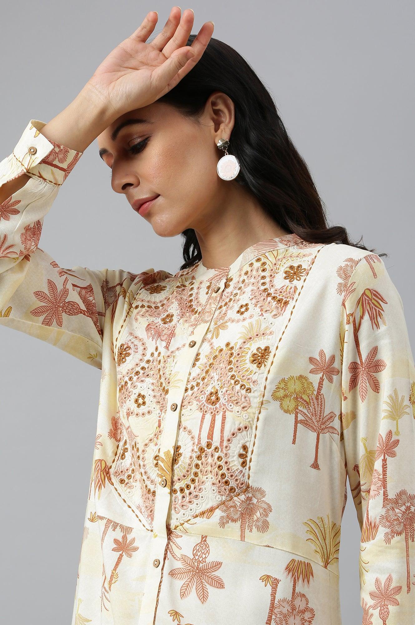 Ecru Embroidered A-Line Shirt Dress - wforwoman