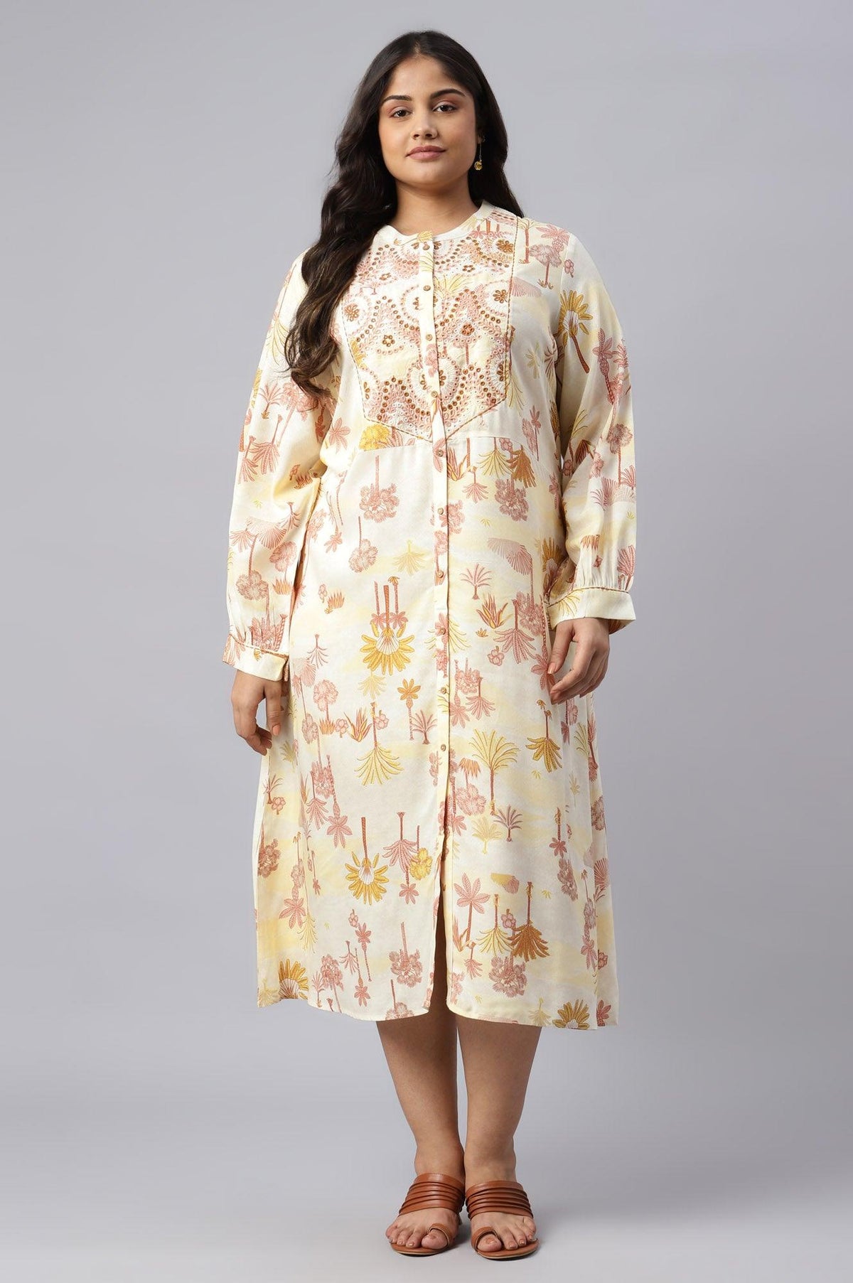 Plus Size Ecru Embroidered A-Line Shirt Dress - 20