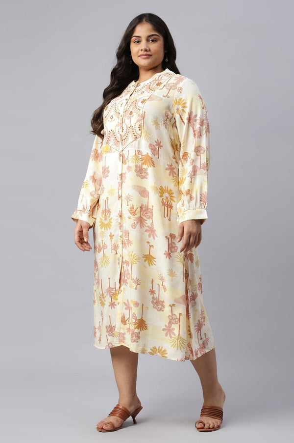 Plus Size Ecru Embroidered A-Line Shirt Dress