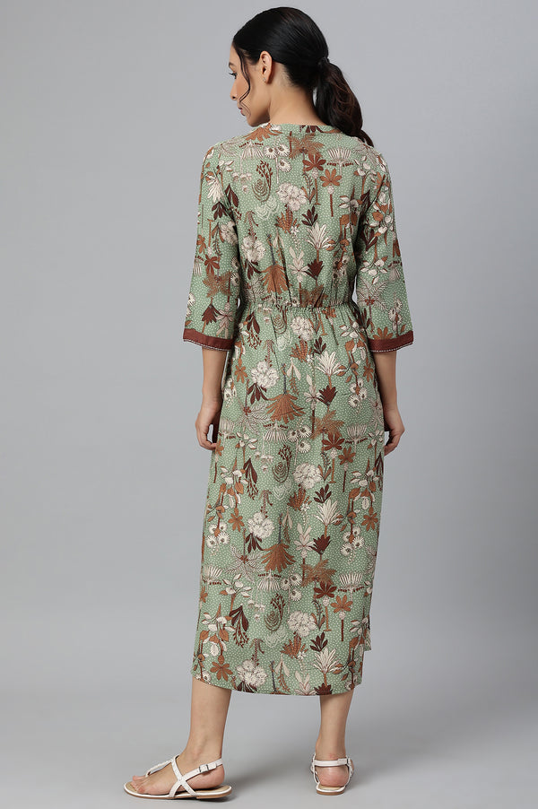 Green Printed Gathered Western Dress