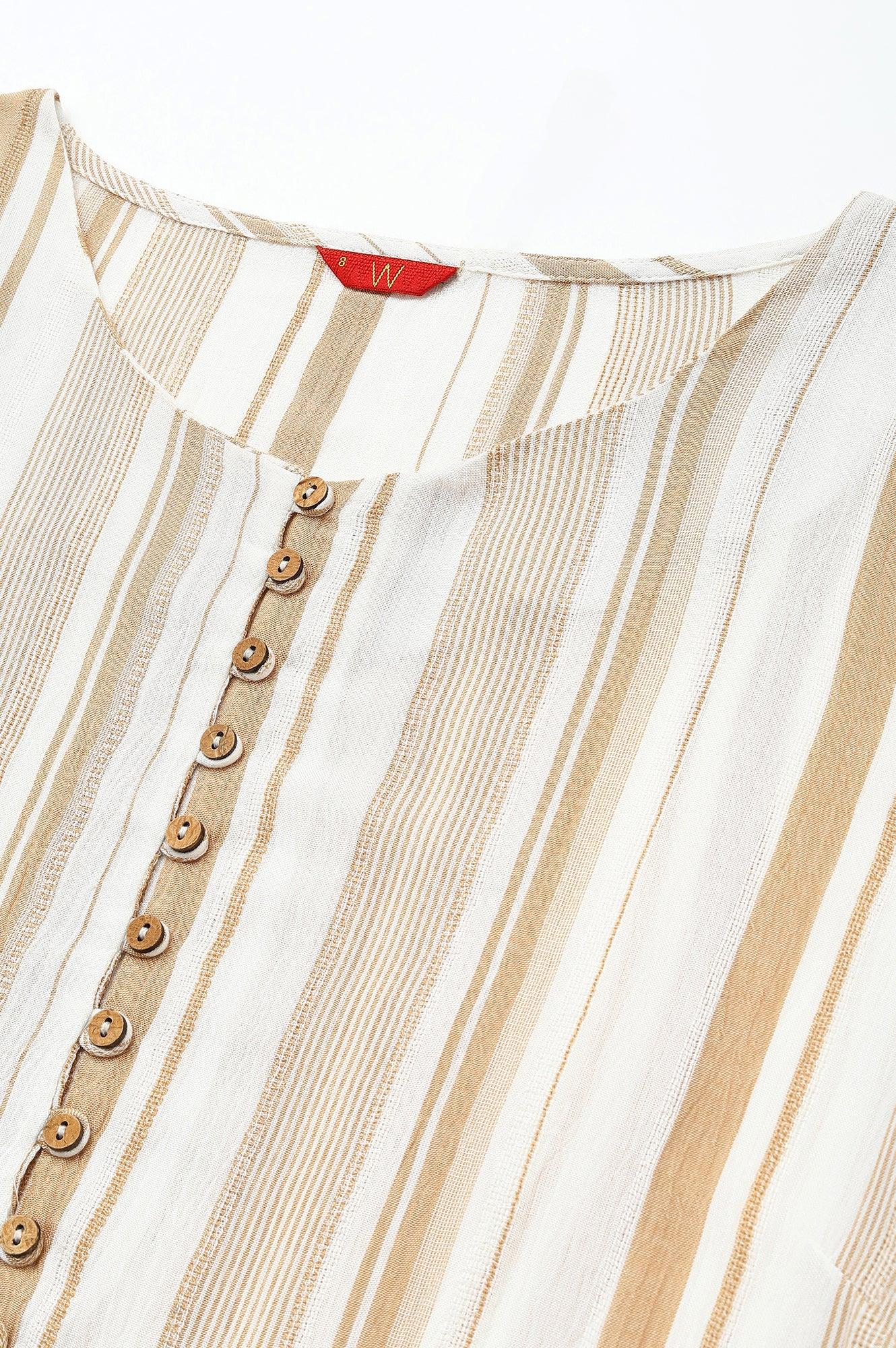 Ecru And Brown Stripe Print Dress With Crochet Belt - wforwoman