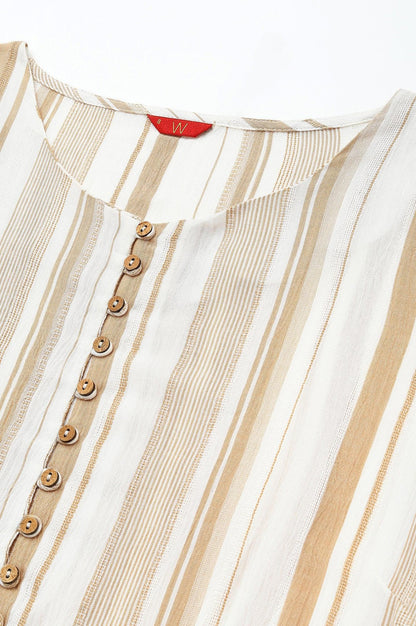 Ecru And Brown Stripe Print Dress With Crochet Belt - wforwoman