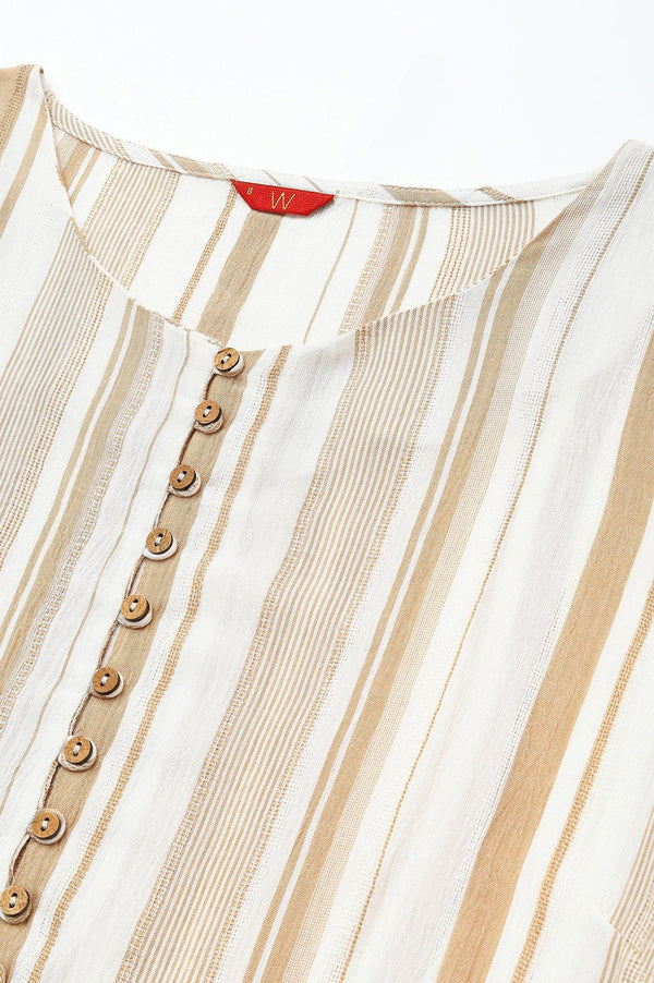 Ecru And Brown Stripe Print Dress With Crochet Belt