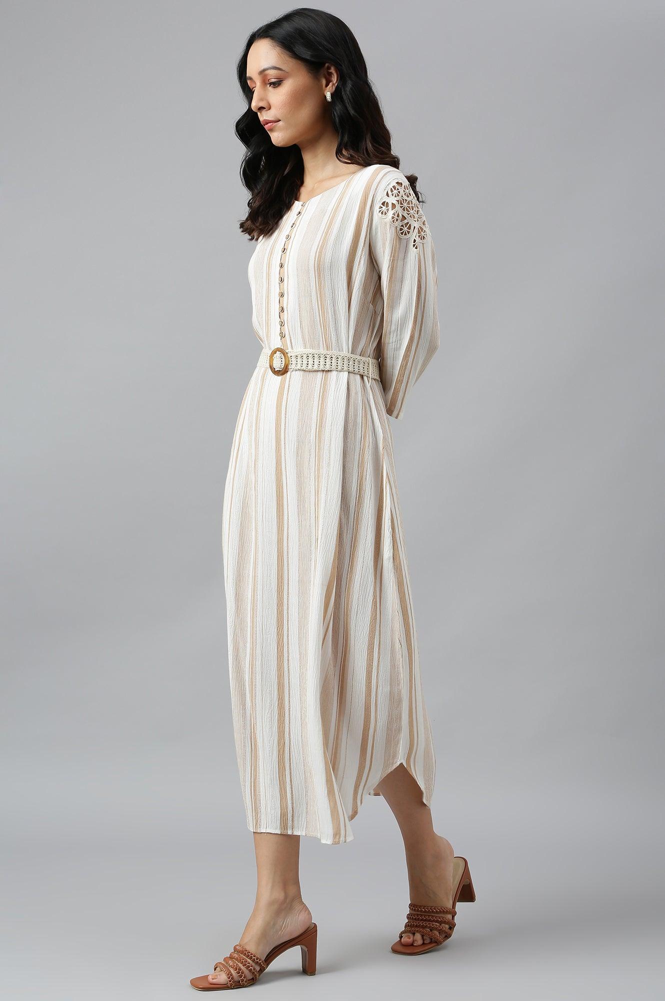 Ecru And Brown Stripe Print Dress With Crochet Belt - wforwoman