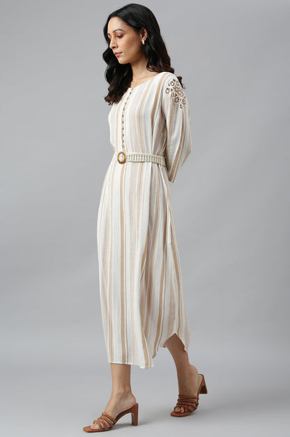 Ecru And Brown Stripe Print Dress With Crochet Belt - wforwoman