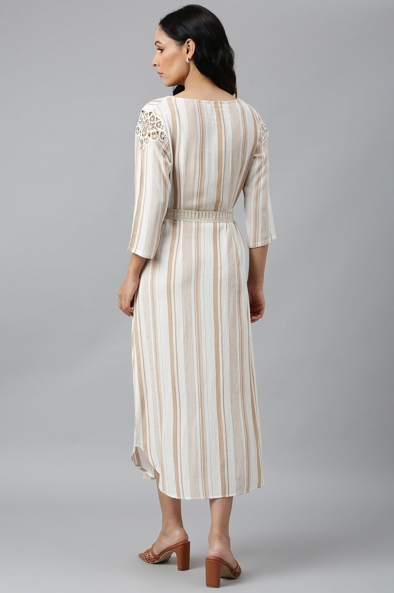 Ecru And Brown Stripe Print Dress With Crochet Belt - wforwoman