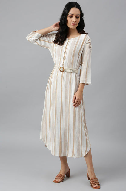 Ecru And Brown Stripe Print Dress With Crochet Belt - wforwoman