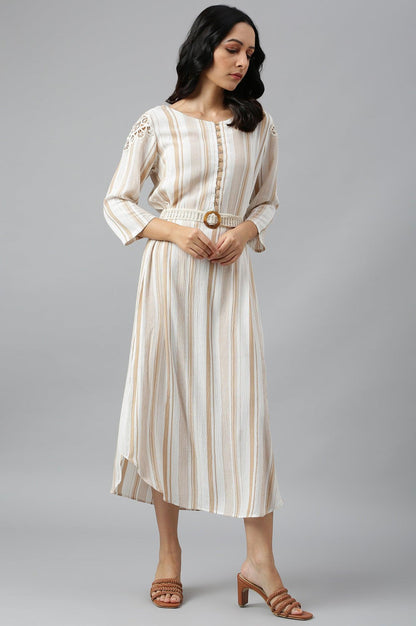 Ecru And Brown Stripe Print Dress With Crochet Belt - wforwoman