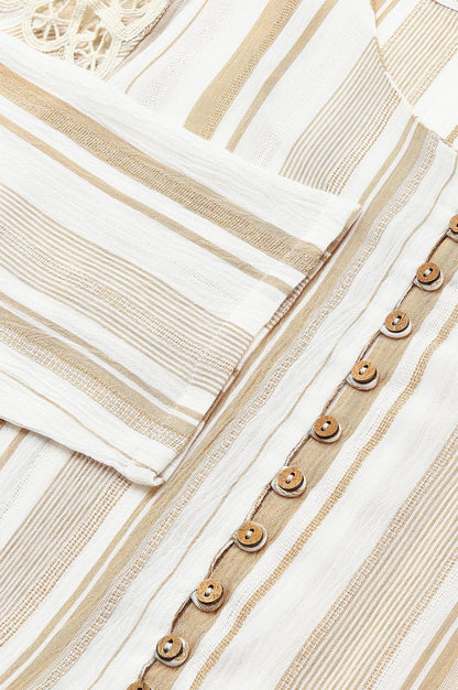 Ecru And Brown Stripe Print Dress With Crochet Belt - wforwoman