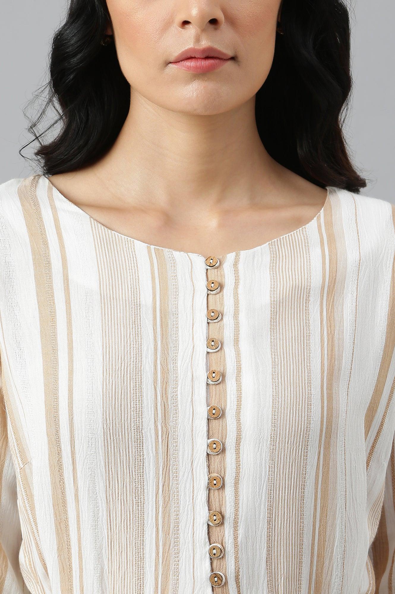 Ecru And Brown Stripe Print Dress With Crochet Belt - wforwoman