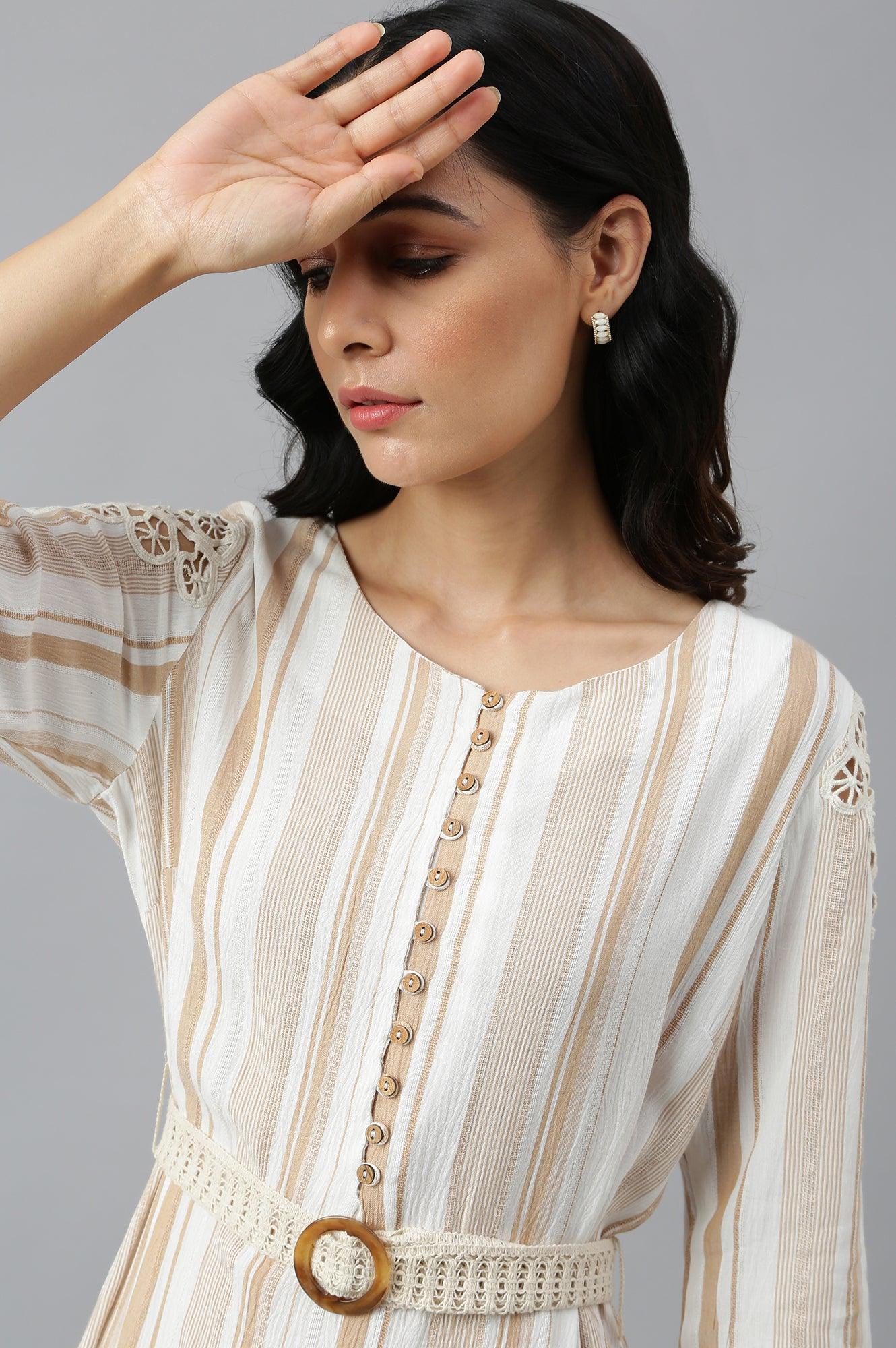 Ecru And Brown Stripe Print Dress With Crochet Belt - wforwoman