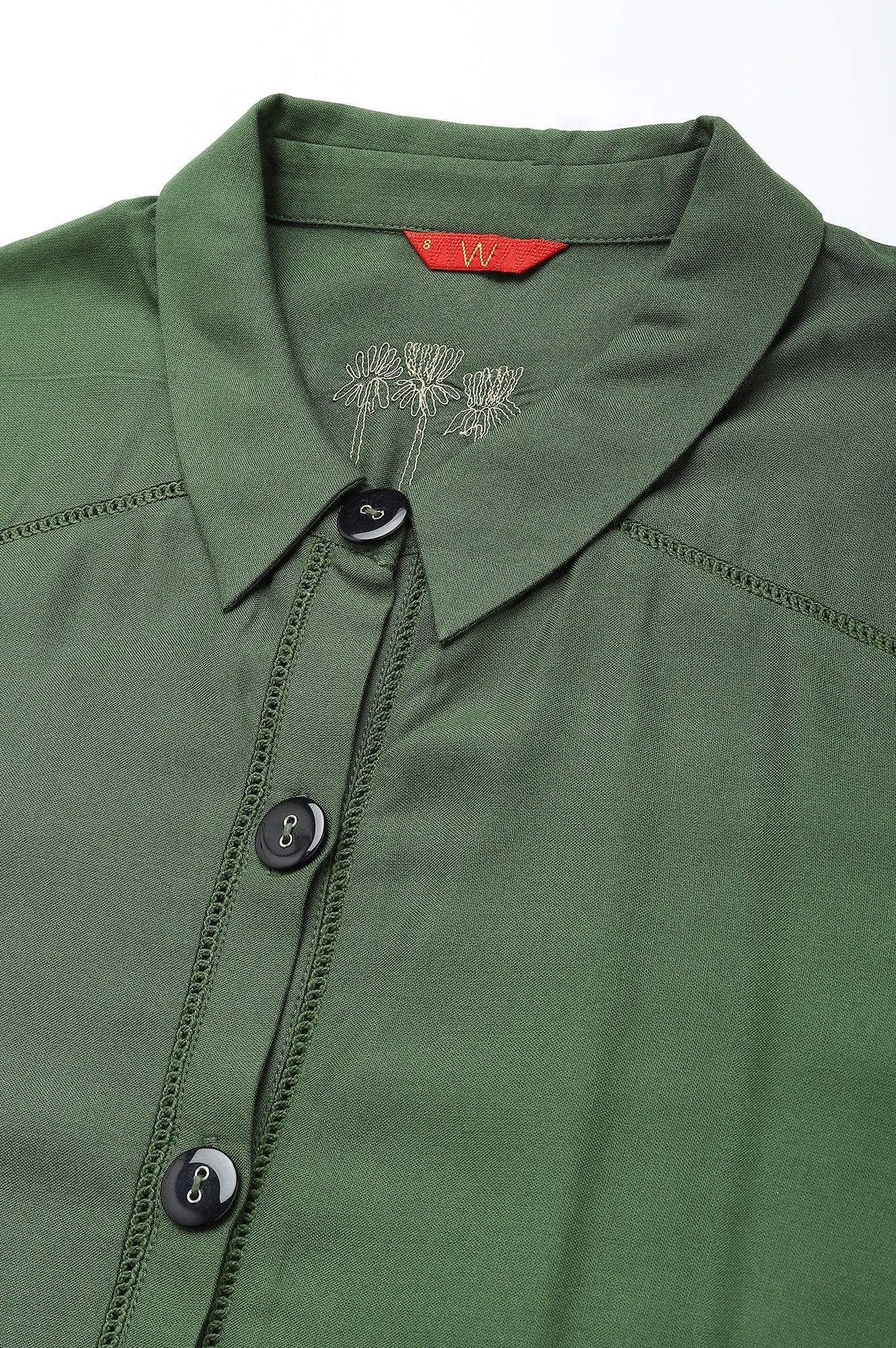 Green A-Line Embroidered Shirt Dress With Schiffli Belt - wforwoman