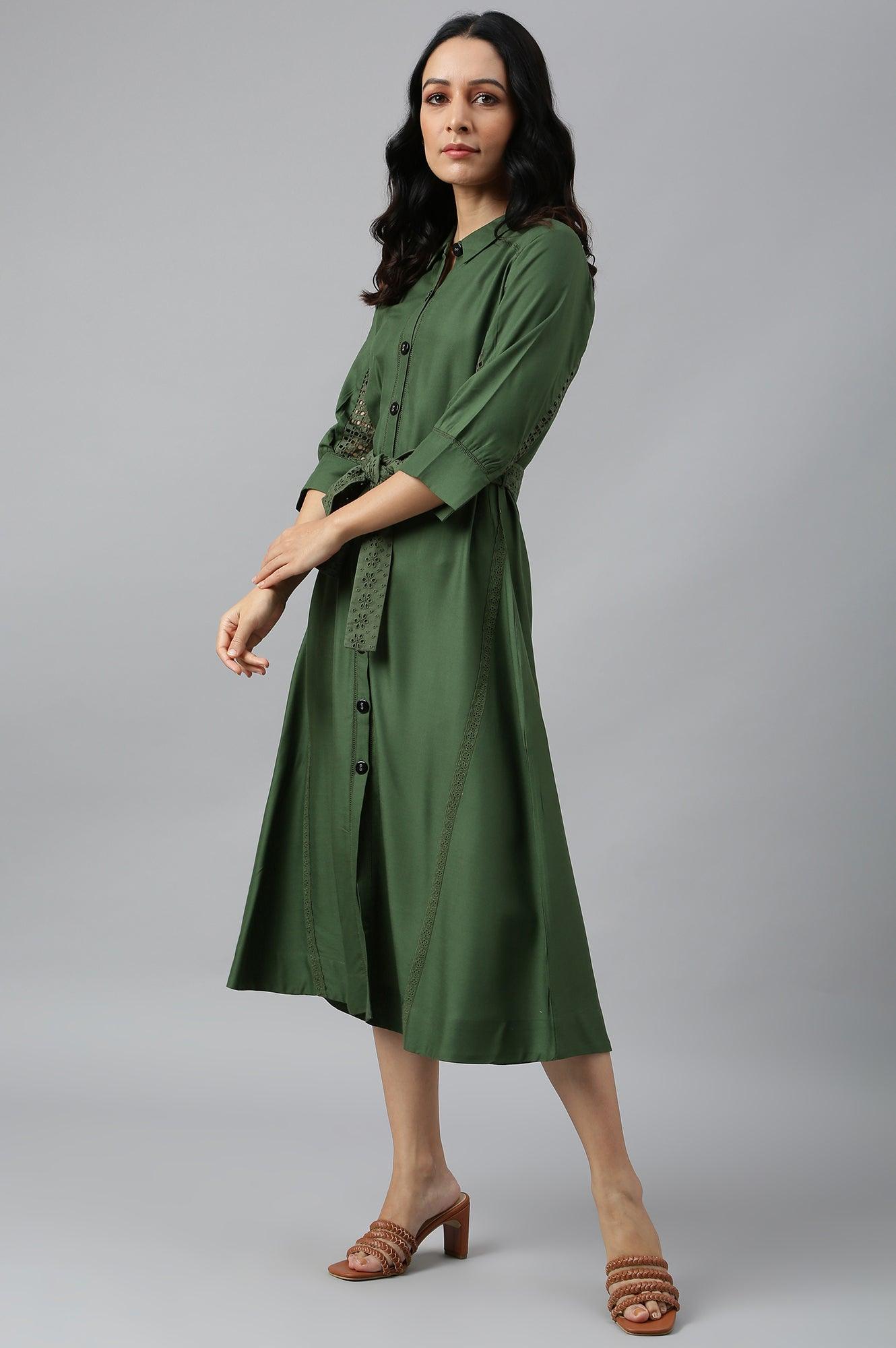 Green A-Line Embroidered Shirt Dress With Schiffli Belt - wforwoman
