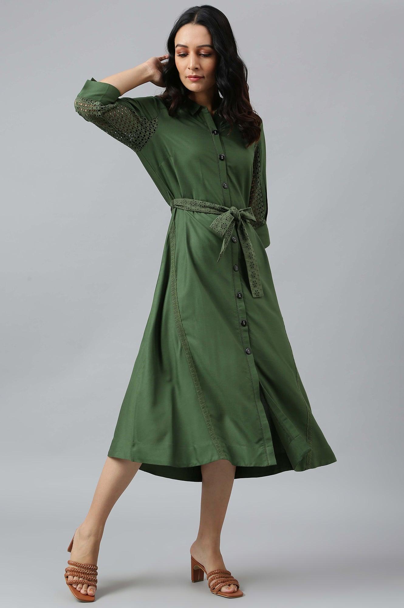 Buy Green A-Line Embroidered Shirt Dress With Schiffli Belt Online for Woman