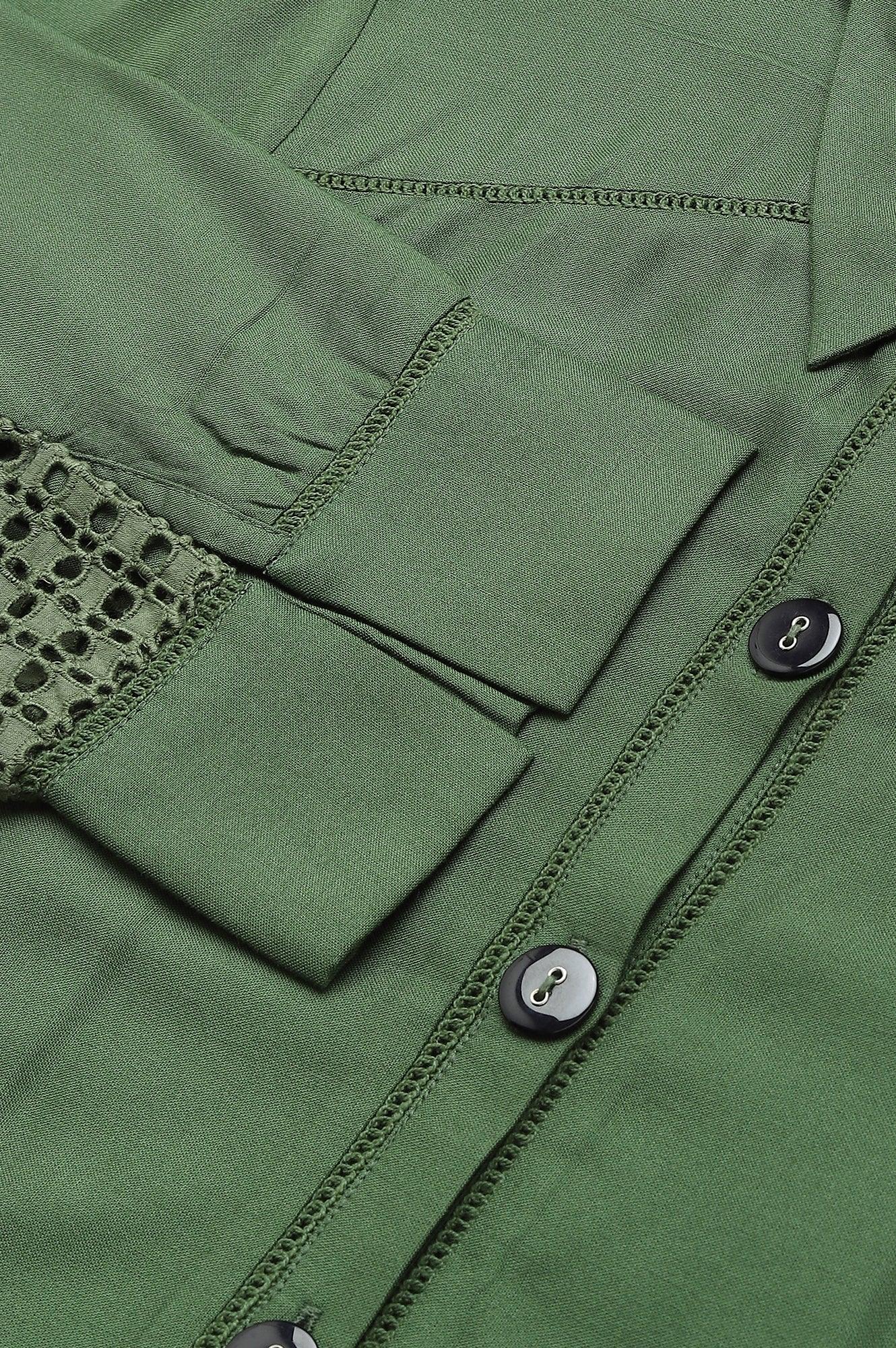 Green A-Line Embroidered Shirt Dress With Schiffli Belt - wforwoman