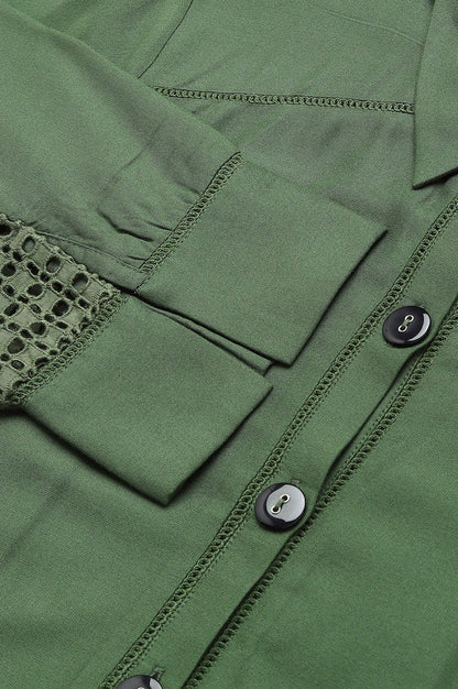 Green A-Line Embroidered Shirt Dress With Schiffli Belt - wforwoman