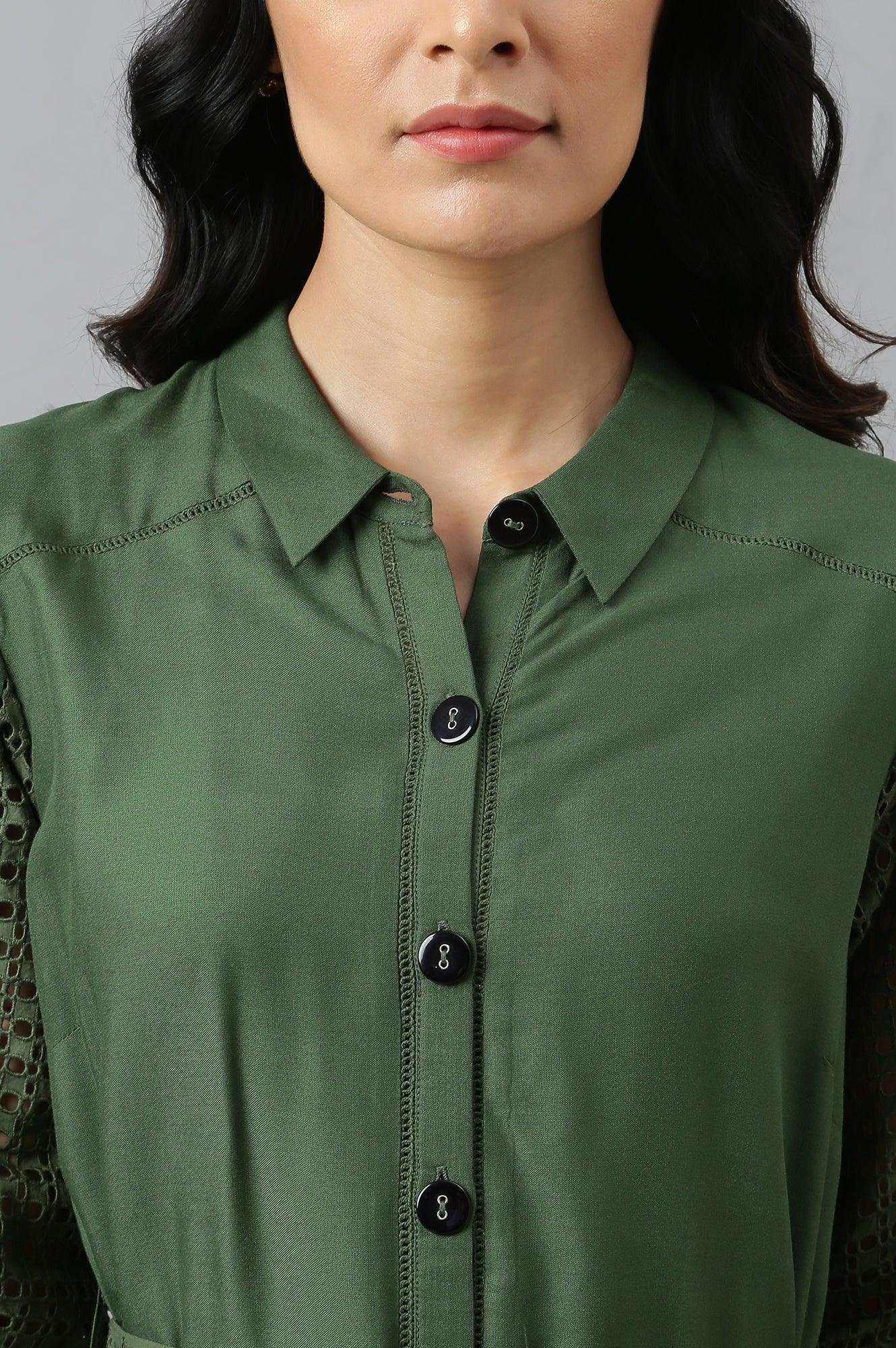 Green A-Line Embroidered Shirt Dress With Schiffli Belt - wforwoman