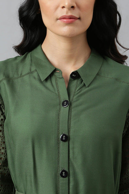 Green A-Line Embroidered Shirt Dress With Schiffli Belt - wforwoman