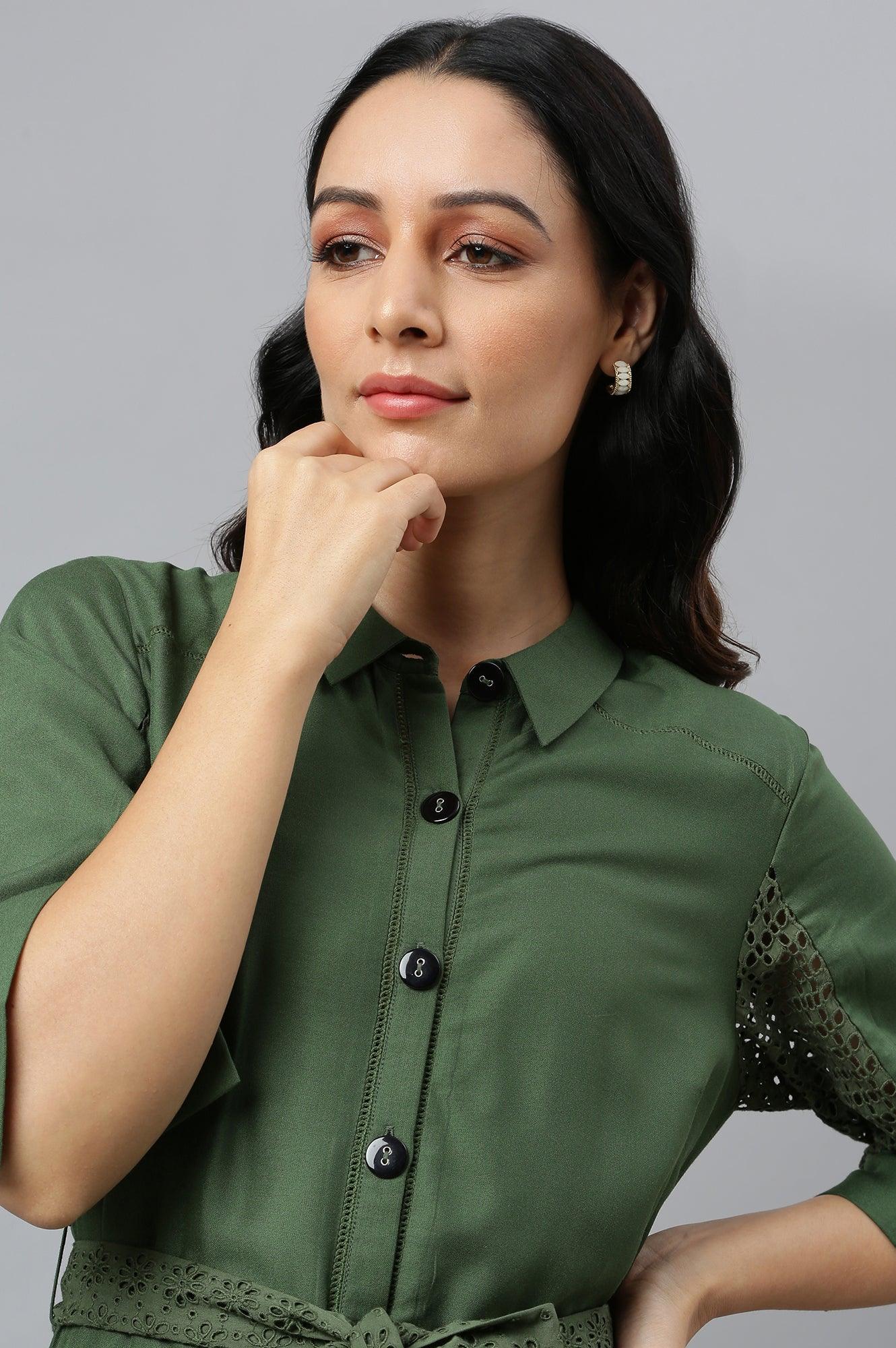 Buy Green A-Line Embroidered Shirt Dress With Schiffli Belt Online for Woman | WforWoman Buy Green A-Line Embroidered Shirt Dress With Schiffli Belt Online for Woman | WforWoman